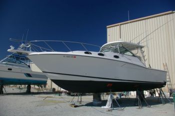 Fresh bottom paint and ready for the lift. Coastal 330 - Sport Fisherman