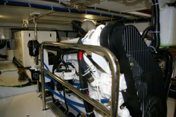 The Krogen engine room has lots of elbow room. No excuse not to keep it looking as terrific as the day it came off the ship! Kadey Krogen 48 Trawler Training Maintenance 101