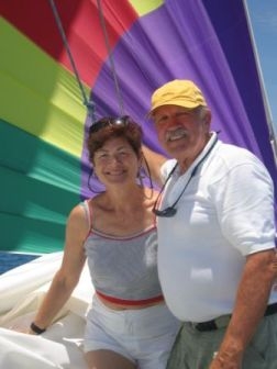 Judy & Marshall aboard CONSCIOUS SEDATION...check out the colors in the spinnaker! Key Lime Pie a la CONSCIOUS SEDATION