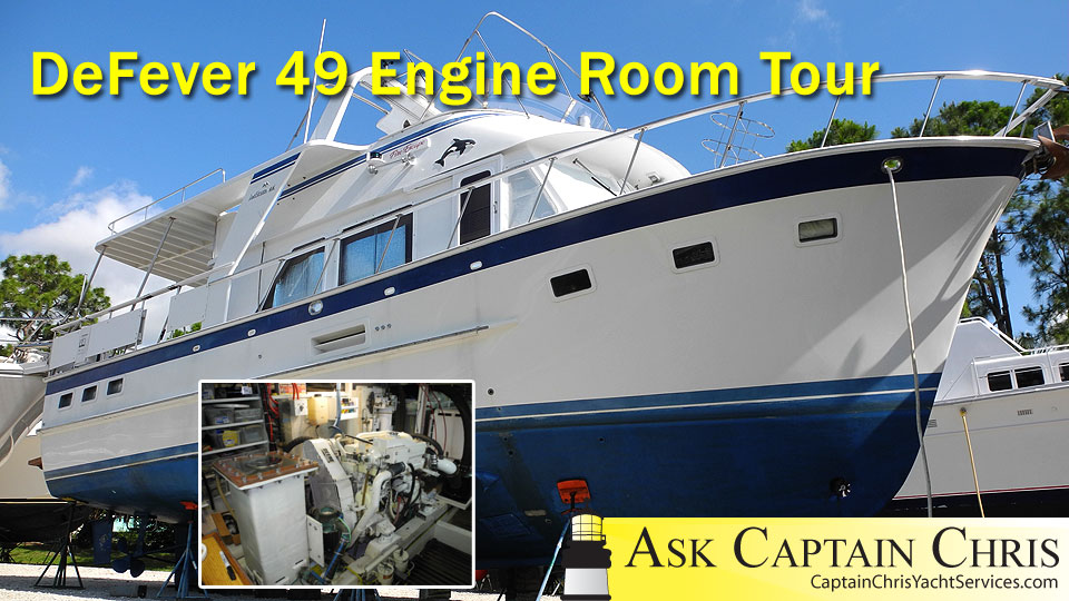 Take a comprehensive engine room tour - twin John Deere diesels, genset, active fin stabilizers & a sea chest. Learn about the fuel distribution system & more.